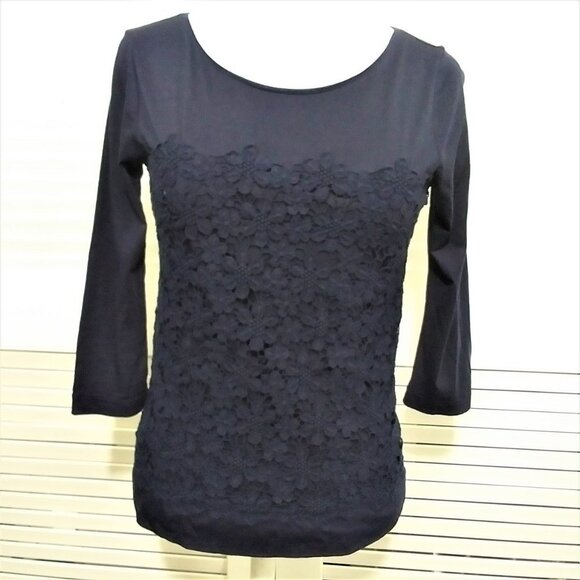 J Crew Black Label Top Navy Blue Daisy Lace Detail Scoop Neck Tee Size X Small - Picture 1 of 8
